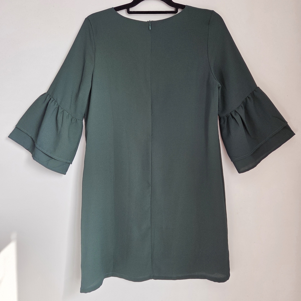 Belongsci Dark Green Loose Fit Shift Mini Dress 3/4 Tiered Bell Sleeve Size M - Picture 3 of 10